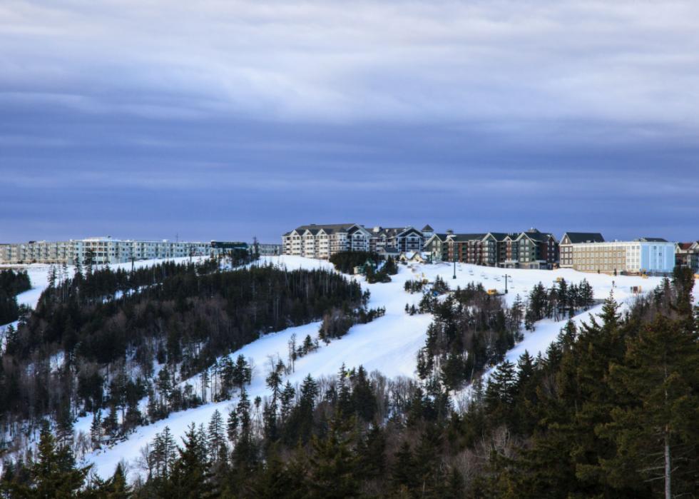 Hotels and ski slopes of Snowshoe ski resort.