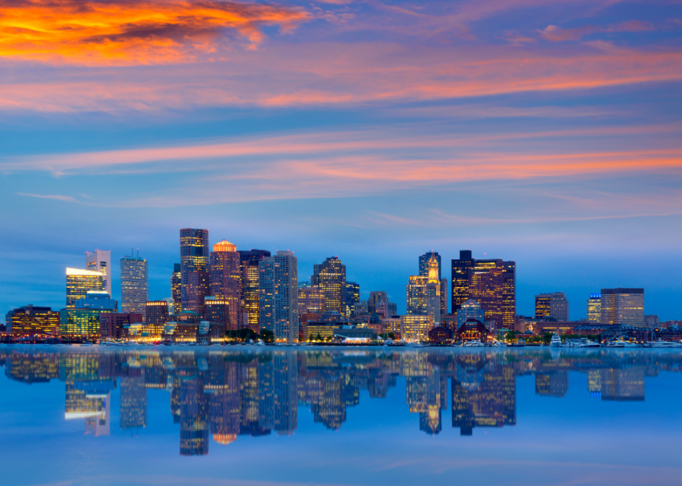 Boston skyline seen from across the water at sunset.