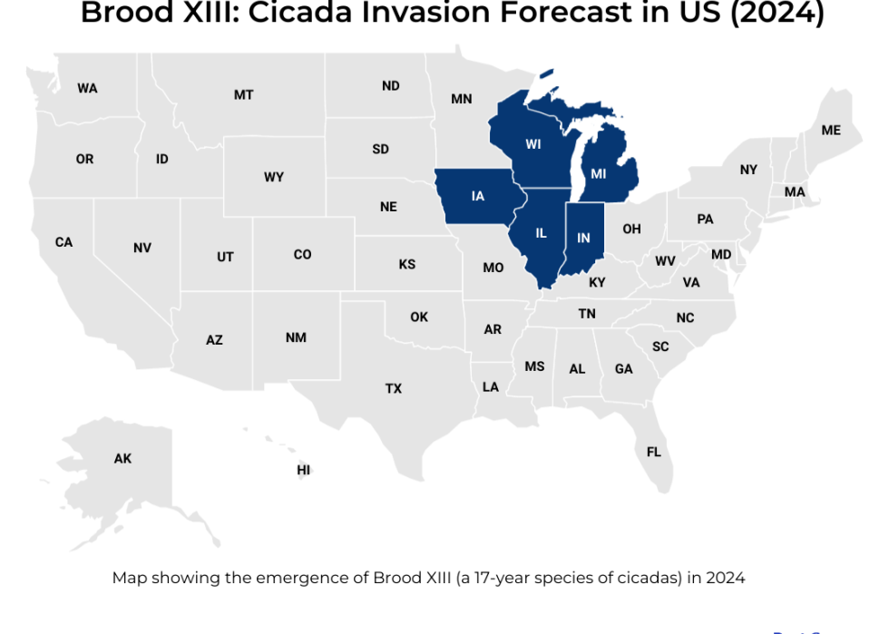 map showing where 17-year cicadas will emerge