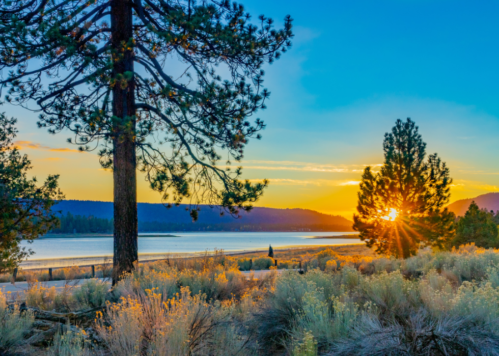 Sunset in Big Bear Lake in San Bernardino County, California.