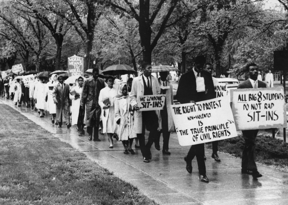 A line of students marching with signs that say, moral means to moral ends, we condone sit-ins, and the right to protest non-violently is the true principle of civil rights.