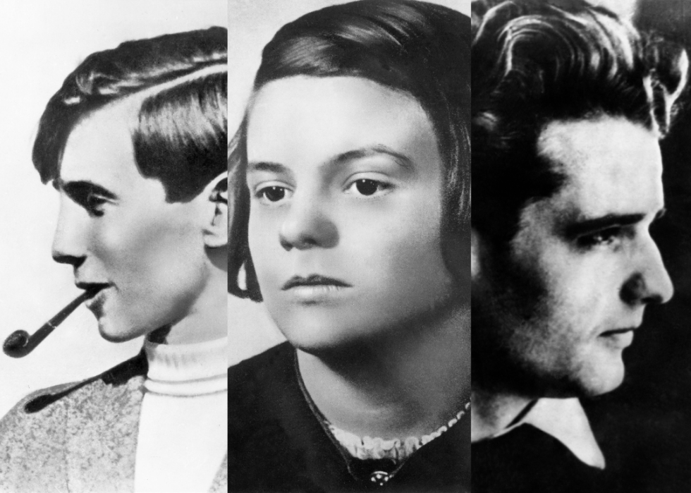 A split screen showing close up photos of Alexander Schmorell, Sophie Scholl and Hans Scholl, three members of the White Rose Society.