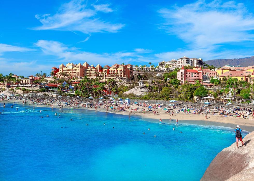 Panoramic view of El Duque beach on Adeje Atlantic coast in the summer vacation on Tenerife island.