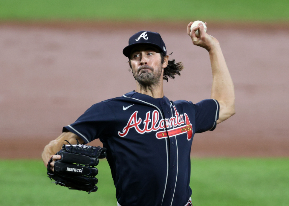 Starting pitcher Cole Hamels #32 of the Atlanta Braves throws to a Baltimore Orioles batter in the second inning at Oriole Park at Camden Yards on September 16, 2020 in Baltimore, Maryland. 