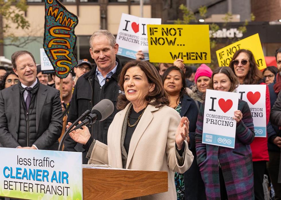 Governor Kathy Hochul speaks at the congestion pricing rally on Union Square in New York City.