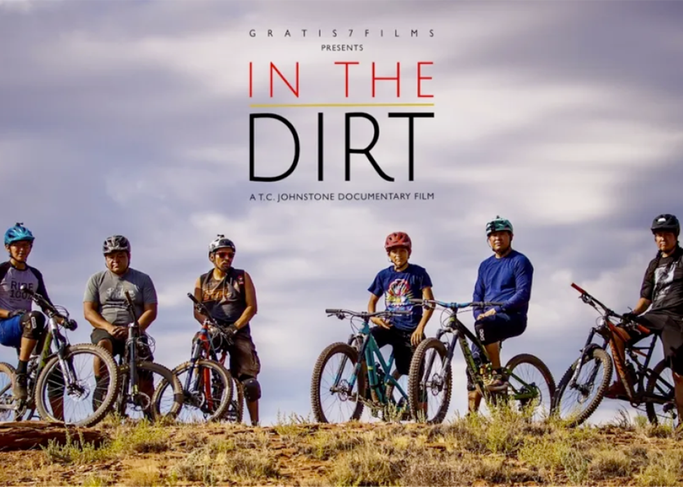 Key art for In the Dirt film documentary depicting six mountain bikers and their bikes against a cloudy sky.