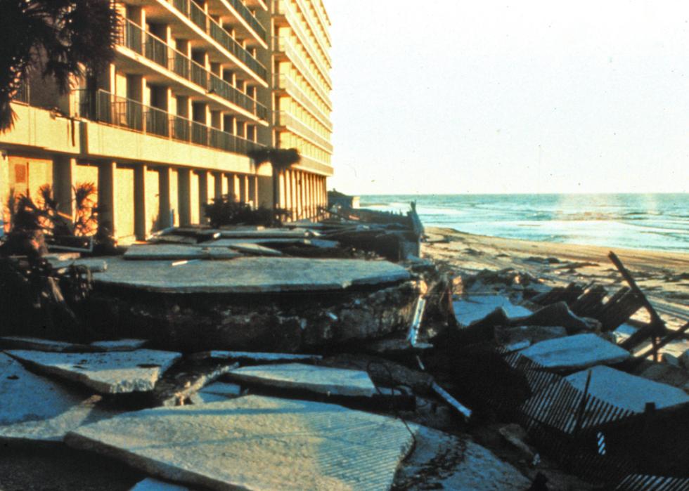 Exterior damage to the Holiday Inn in Myrtle Beach, South Carolina after Hurricane Hugo in September 1989.