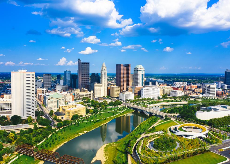 Aerial view of downtown Columbus, Ohio with a view of the Scioto river.