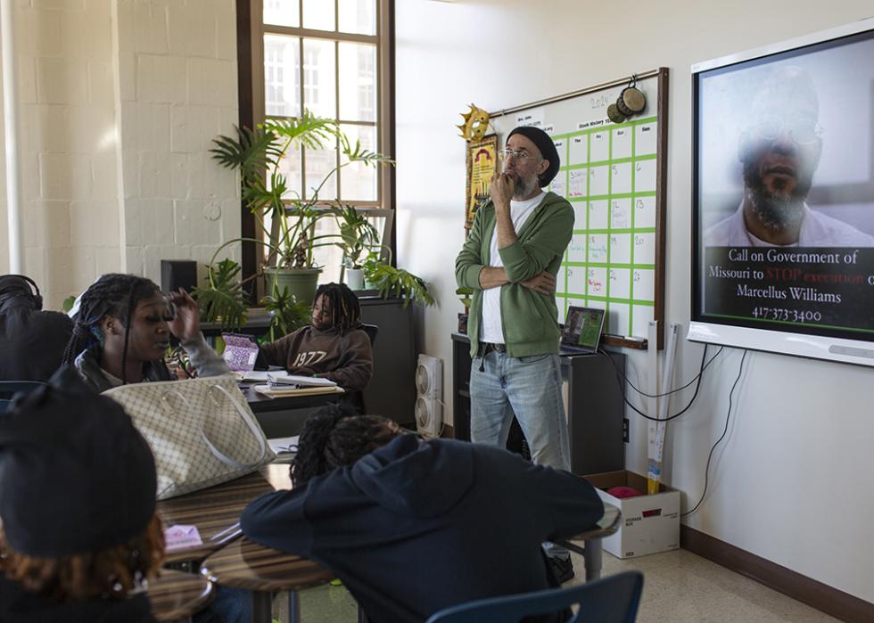 photo showing History teacher John Winters leading a discussion at Dobbins Career Technical Education High School in Philadelphia.