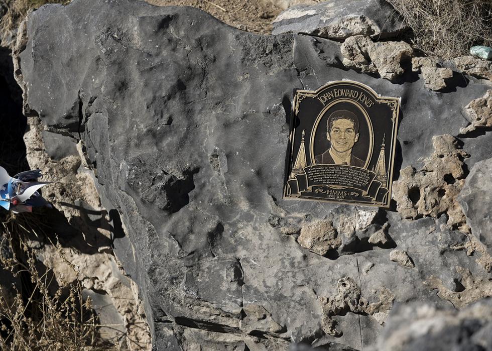 John Edward Jones' headstone engraved in a rock.