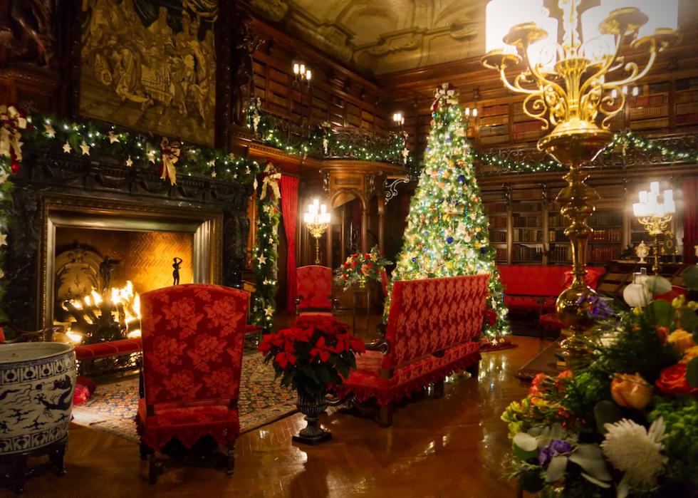 The Biltmore Estate interior decorated for Christmas in Asheville, North Carolina.