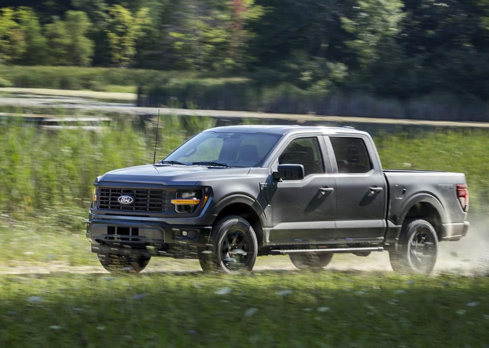 Phot of dark 2024 Ford F-150 STX driving on dirt road with plants in foreground and background.