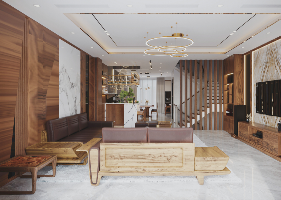 A living room with wood and leather furniture, stone panels, and white carpet captures a modernist style.