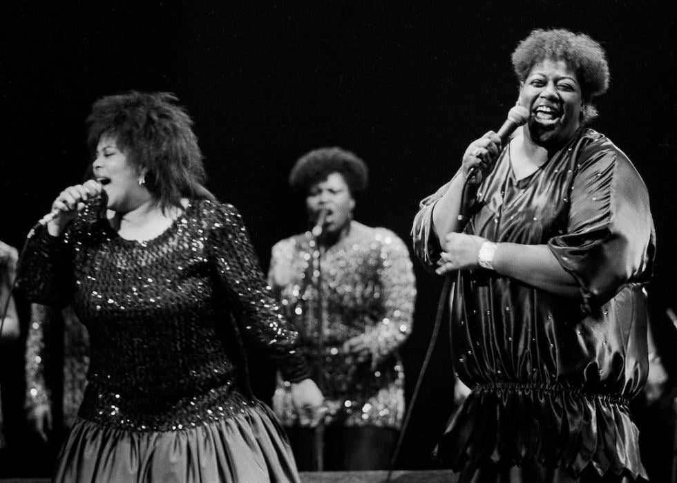 The members of The Weather Girls, Izora Armstead and Martha Wash, performing in Chicago in 1986.