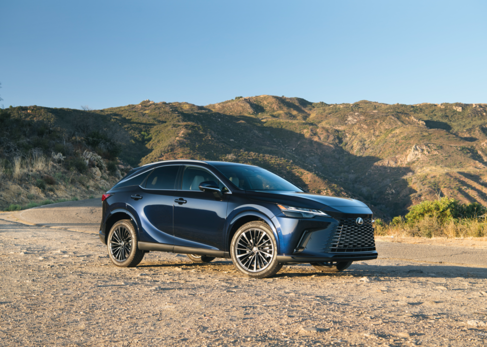 Blue Lexus RX parked on dirt.