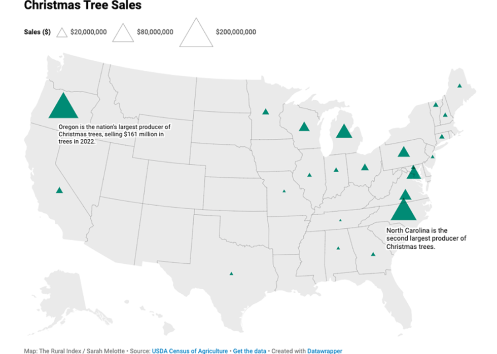 Map showing Christmas tree sales revenue.