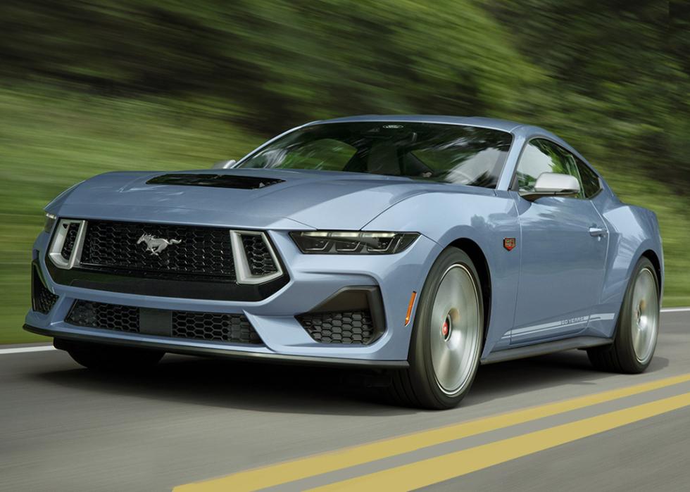 A blue 2025 Ford Mustang on the road.