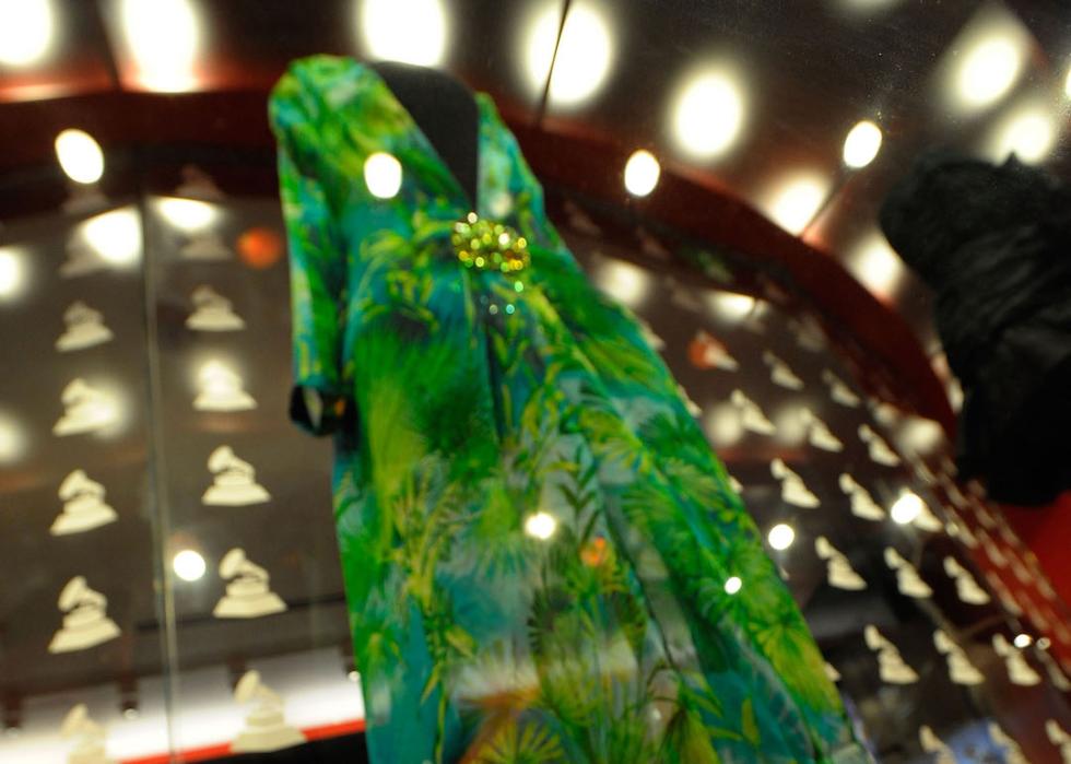 Jennifer Lopez's tropical print green-and-blue Versace dress at the Grammy Museum.