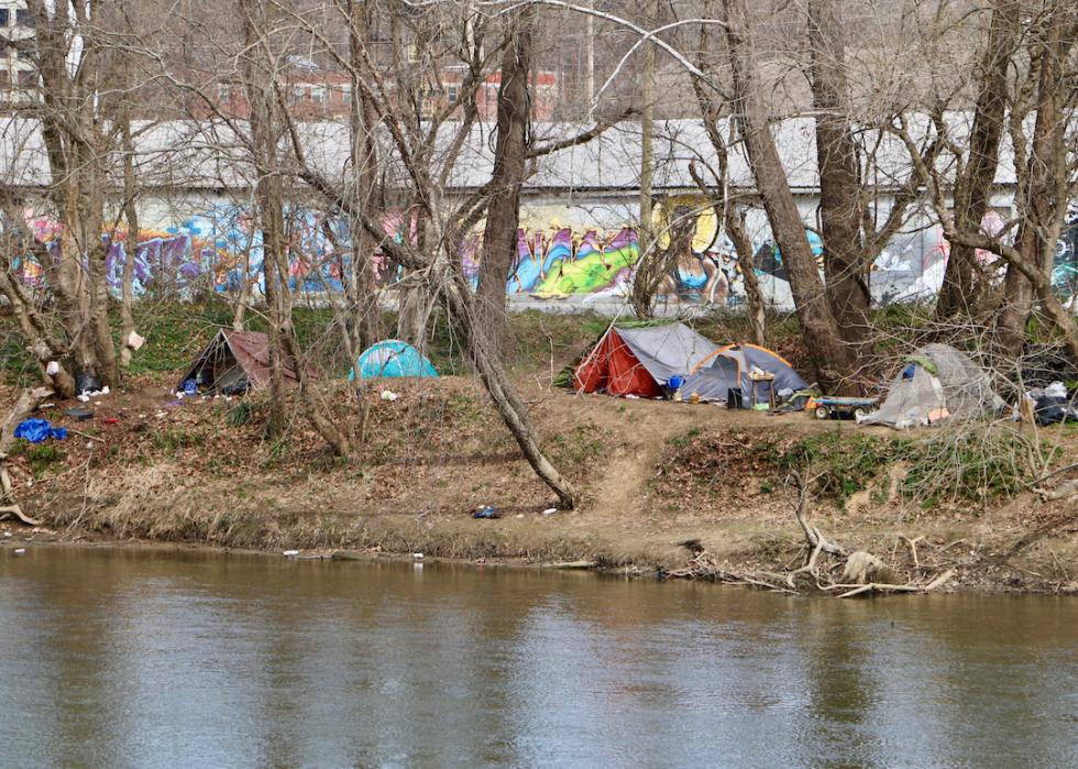 Homeless tent city along French Broad River in North Carolina.