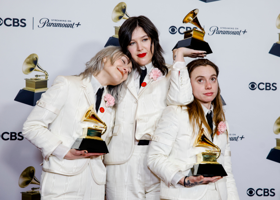 Winner Phoebe Bridgers, Lucy Dacus and Julien Baker of Boygenius, with trophy, at the 66th Grammy Awards held at the Crypto.com Arena in Los Angeles, CA, Sunday, Feb. 4, 2024.