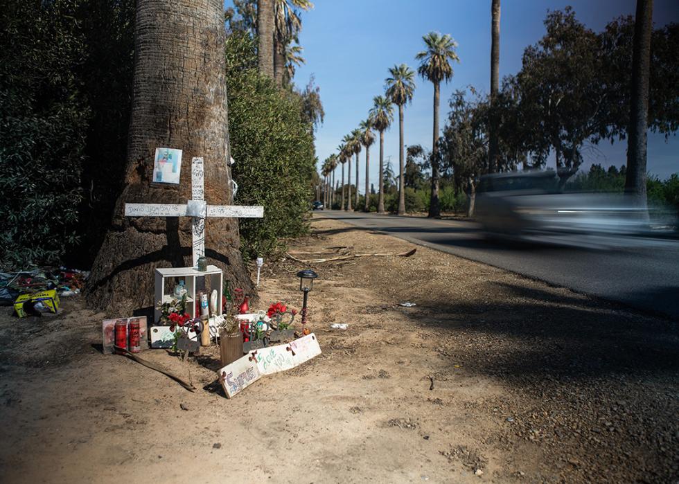 A memorial for car accident victims on a roadside outside Fresno.