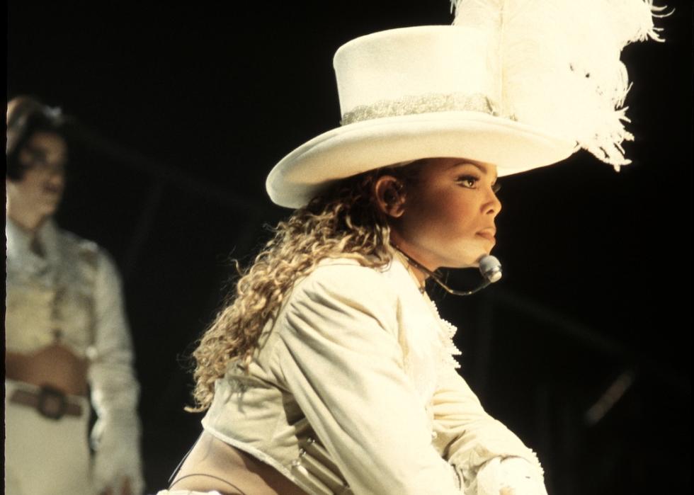 Singer Janet Jackson performing on stage during her 1993 world tour.