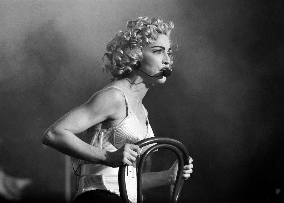 Madonna performs during her Blond Ambition Tour in Rotterdam in the Netherlands in July 1990.