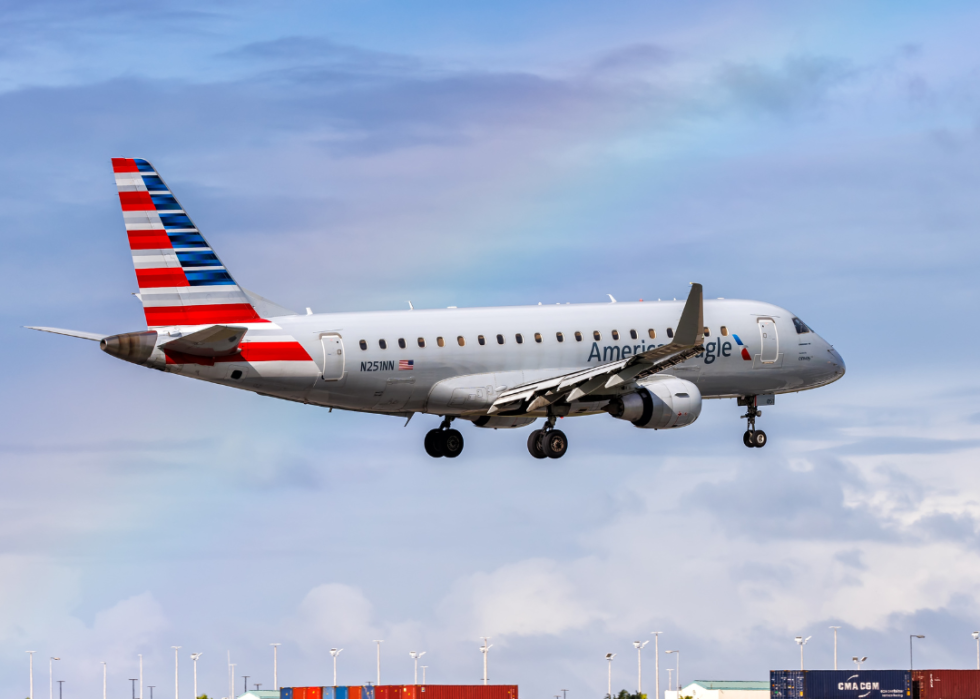 An American Eagle airplane, operated by Envoy Air, departing from Miami Airport, United States.