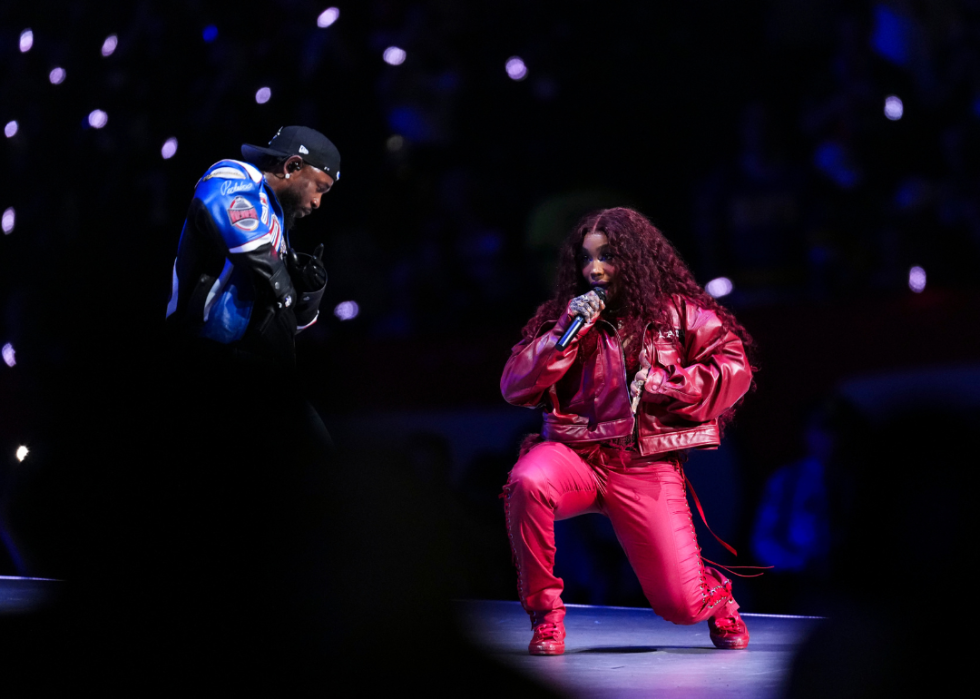 Kendrick Lamar performs with SZA at halftime during the NFL Super Bowl 59 football game between the Kansas City Chiefs and the Philadelphia Eagles at Caesars Superdome on February 9, 2025 in New Orleans, Louisiana.