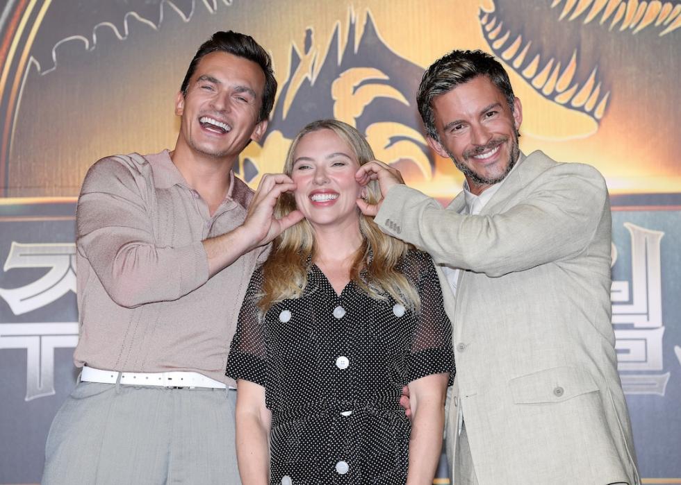 Rupert Friend, Scarlett Johansson and Jonathan Bailey at the 'Jurassic World Rebirth' Seoul press conference in July 2025.