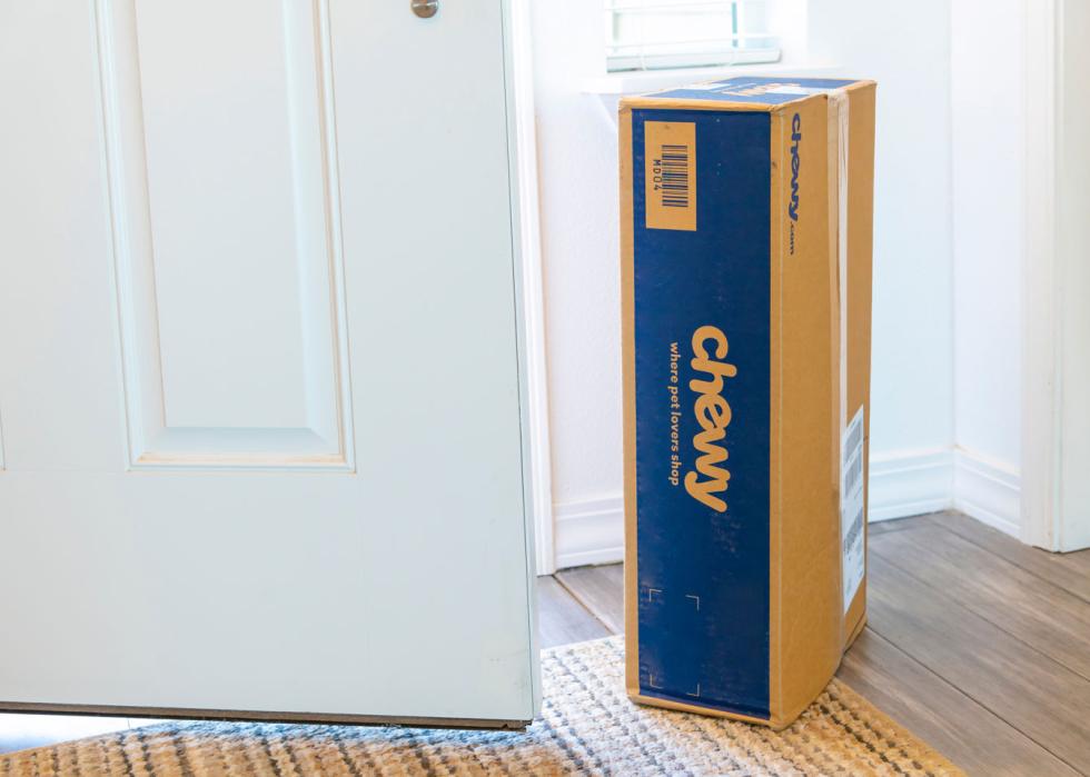 A Chewy box next to a front door.