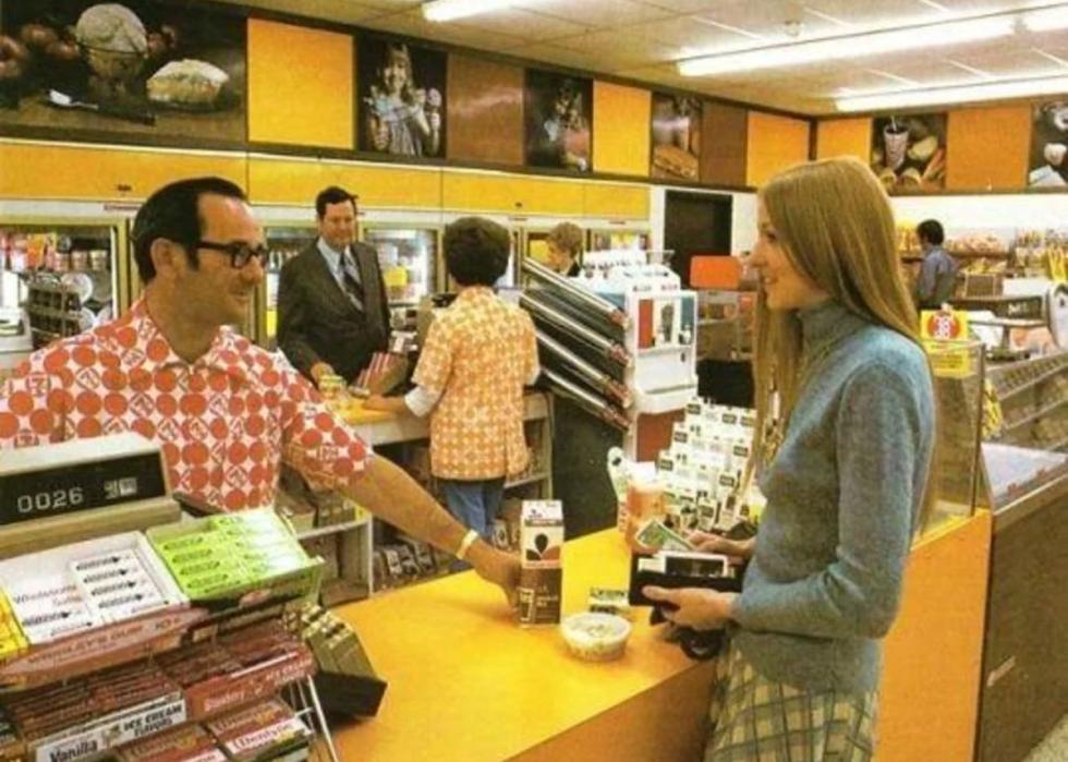 Inside a 7-eleven that is incredibly orange