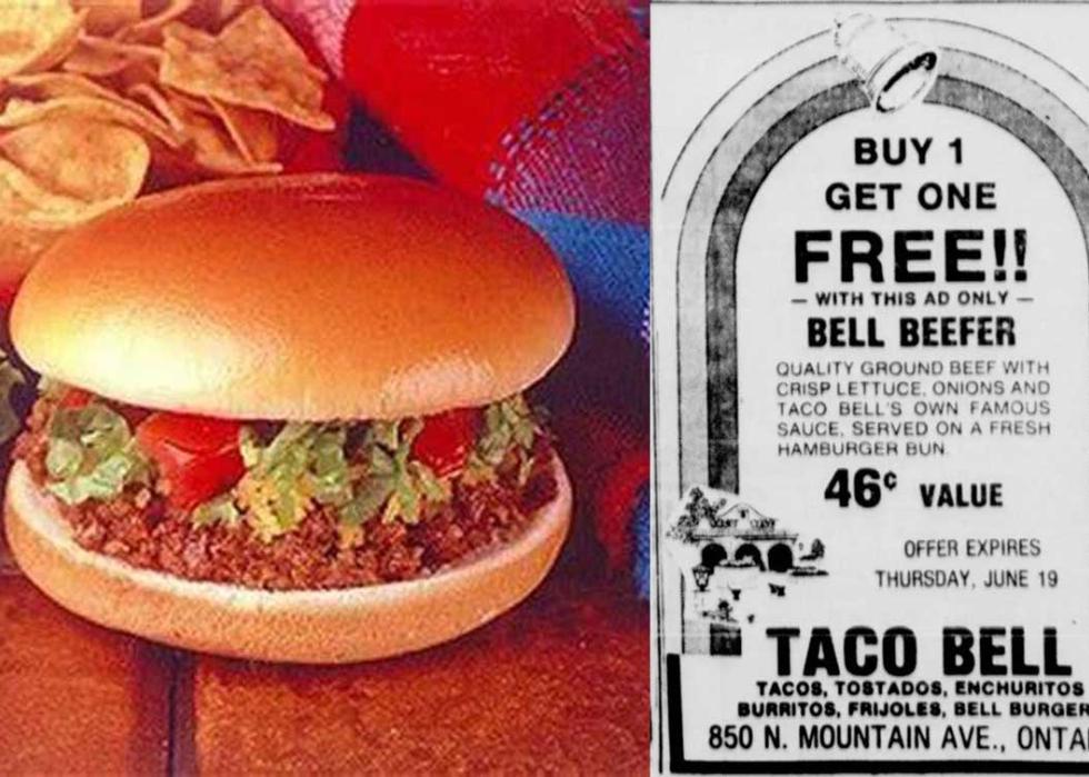 Vintage promo photo of the Bell Beefer, a vintage buy 1 get one free ad for the Taco Bell Beefer