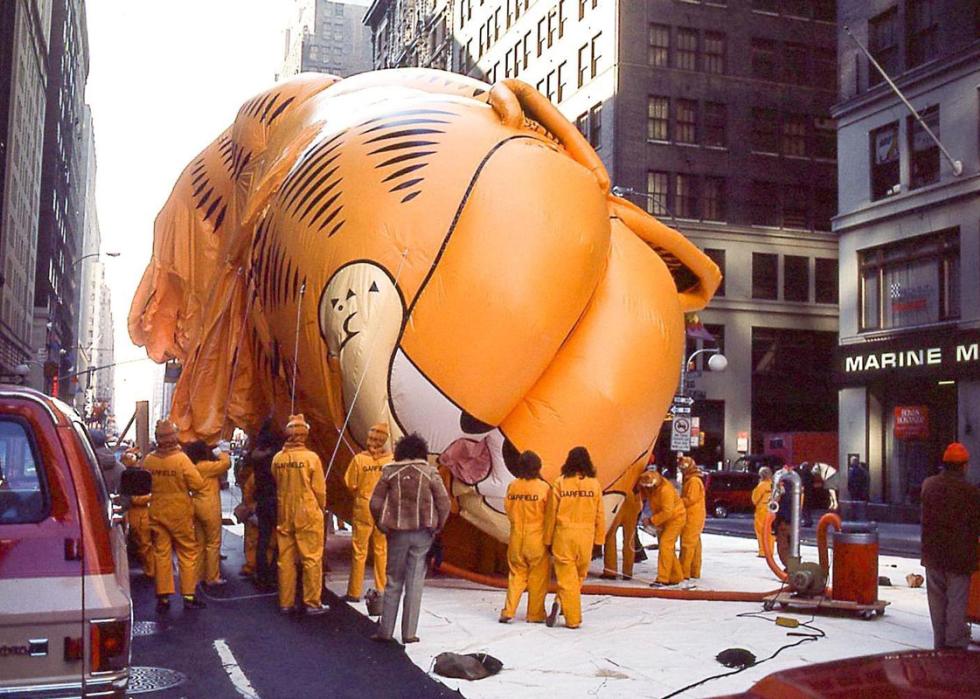 Garfield float getting inflated for the Macy's Day Parade