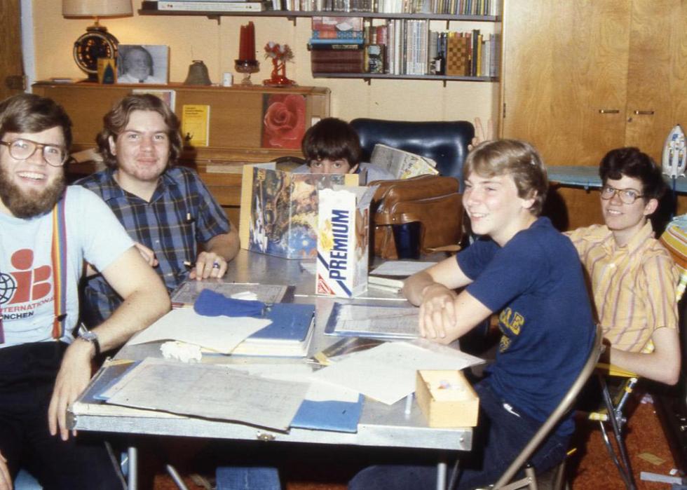 5 guys sitting around a table playing Dungeons and Dragons