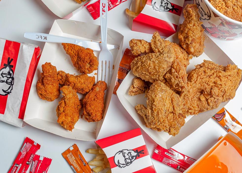 Overhead shot of KFC and sauces