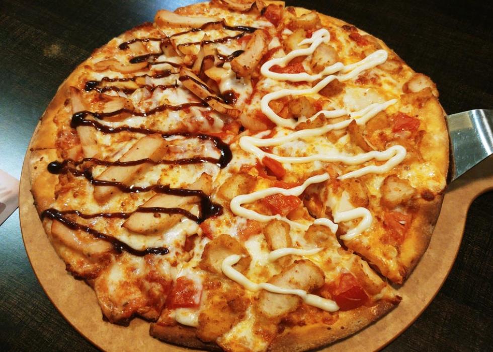 Papa John's Pizza BBQ and Spicy Buffalo Ranch Flavors. Delicious Fresh Oven Hot Pizza with Thin Crust Dough
