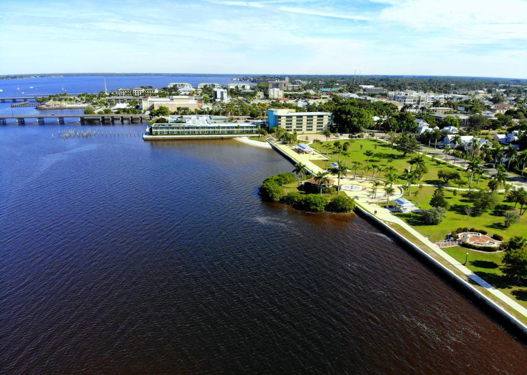 Aerial view of Gilchrist Park and Bridge in Punta Gorda, Florida.