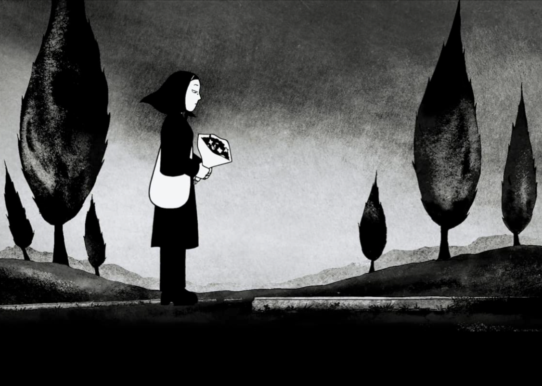 A black and white illustrated frame from ‘Persepolis’