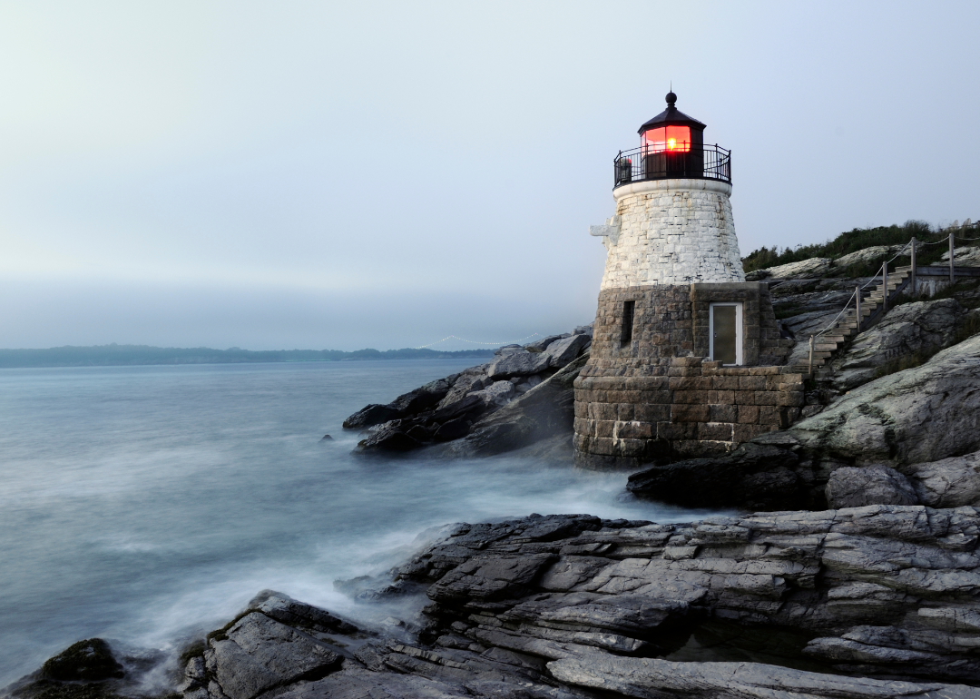 Castle Hill Lighthouse under cloudy skies.