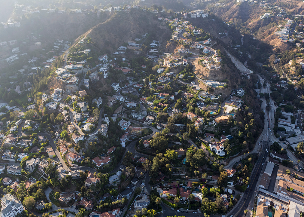 Aerial view of steep hillside homes near Laurel Canyon Boulevard.
