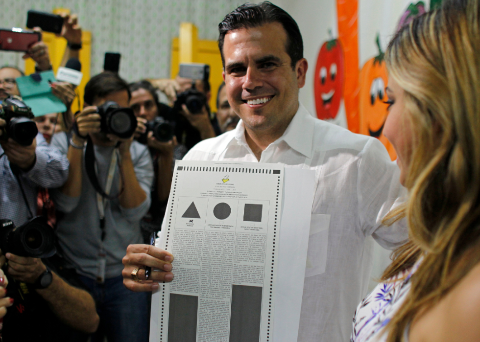 Puerto Ricos Governor Ricardo Rossello with statehood referendum ballot