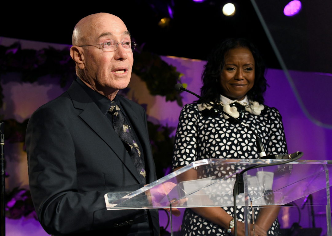 YES Gala Co-Chairs David Geffen and Mellody Hobson speak onstage at event.