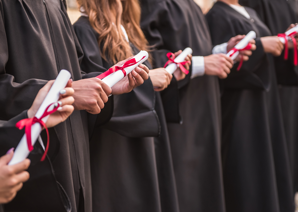 Graduates in black gowns holding diplomas.