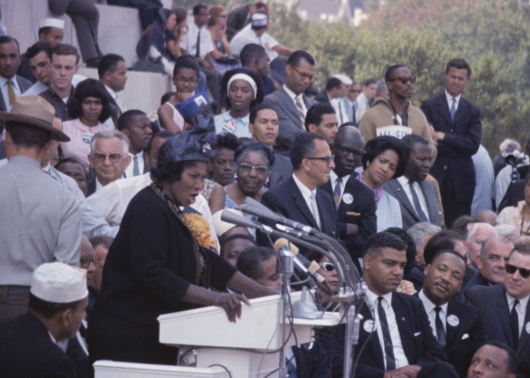 Mahalia Jackson sings on the steps of the Lincoln Memorial.
