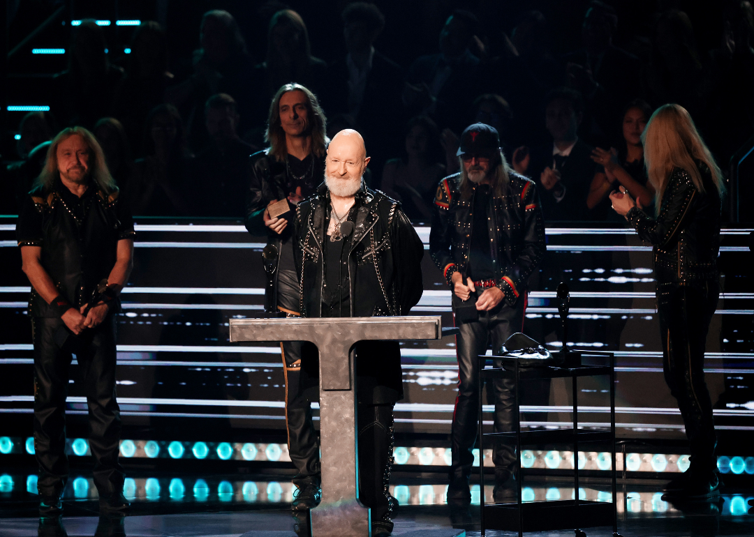 Rob Halford speaks onstage during the Rock & Roll Hall of Fame Induction Ceremony.