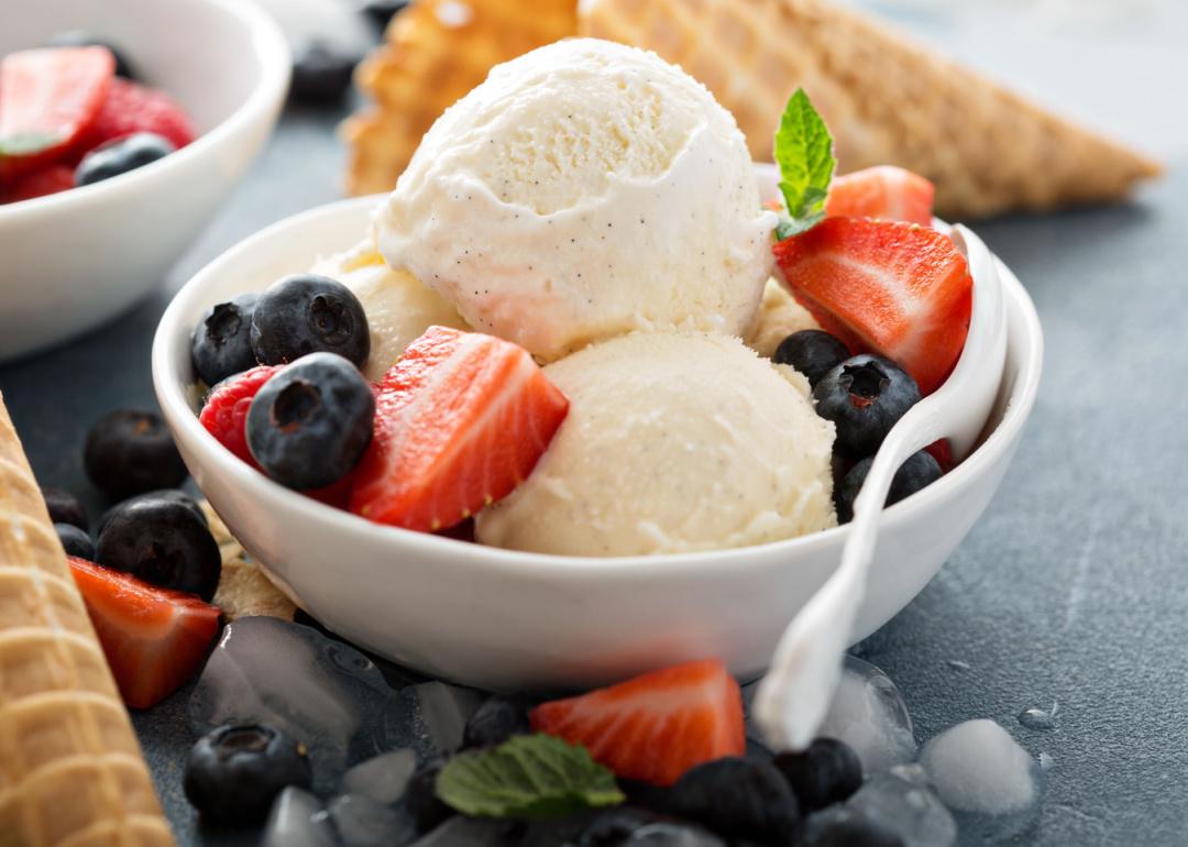 Bowl of vanilla ice cream with fresh berries.
