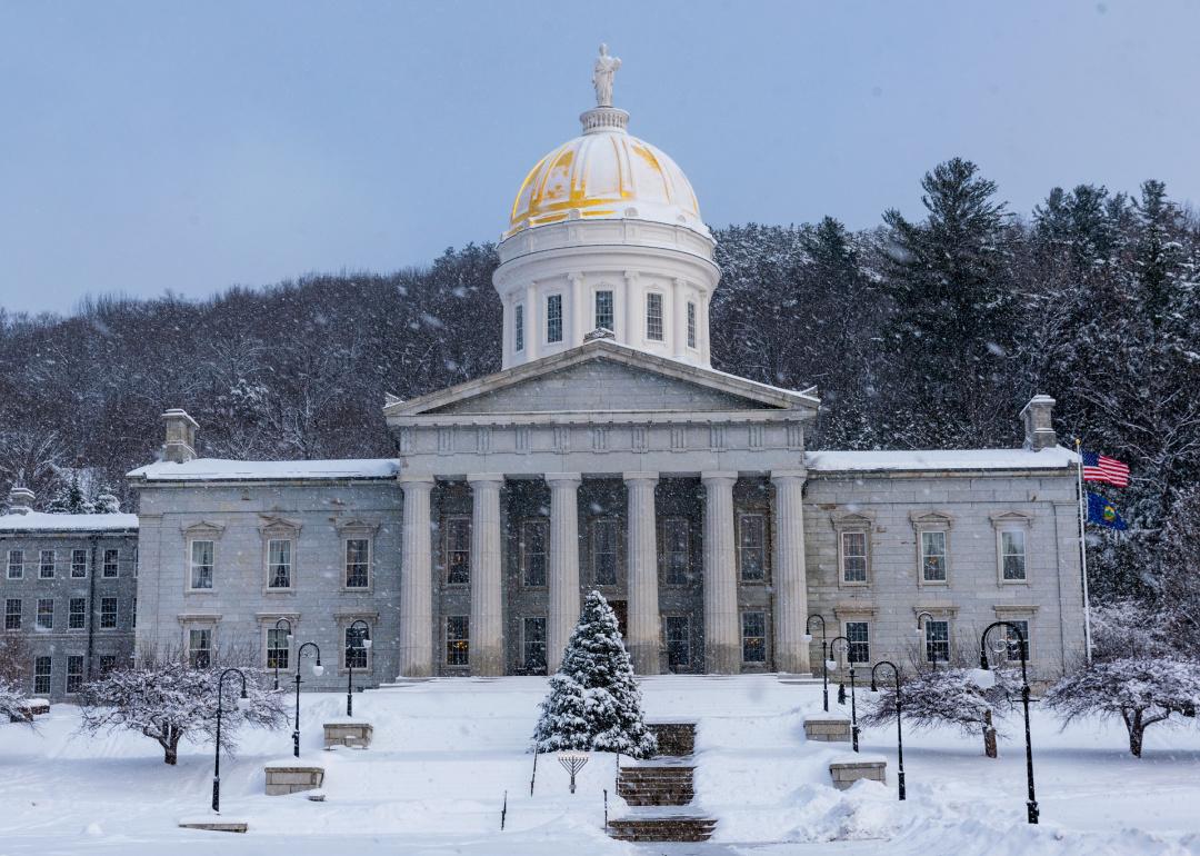 Fresh snow blankets the Vermont Statehouse in Montpelier