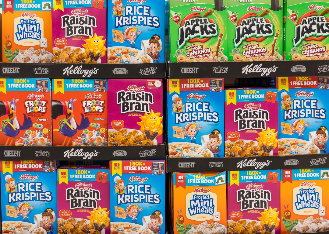 Kellogg’s cereal display at supermarket.