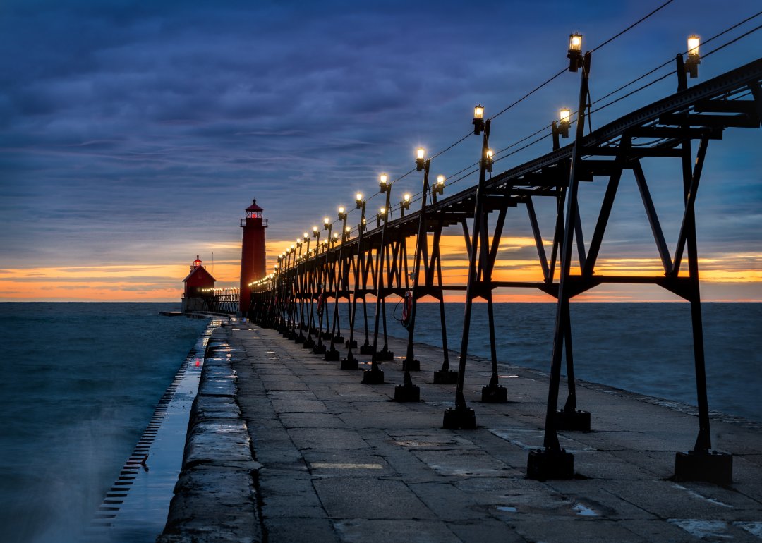 Grand Haven Lighthouse with storm clouds.